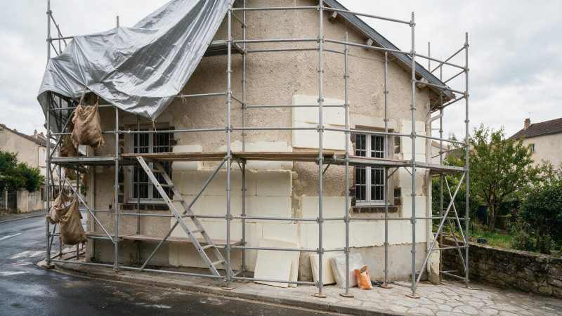 Chantier d'isolation thermique par l'extérieur sur une façade