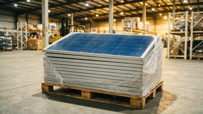 Modules photovoltaïques empilés sur une palette dans un entrepôt