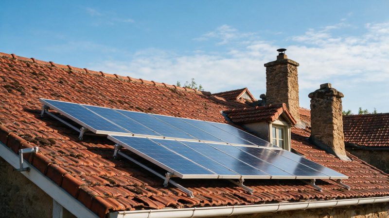 Panneaux photovoltaïques sur un toit de tuiles rouges