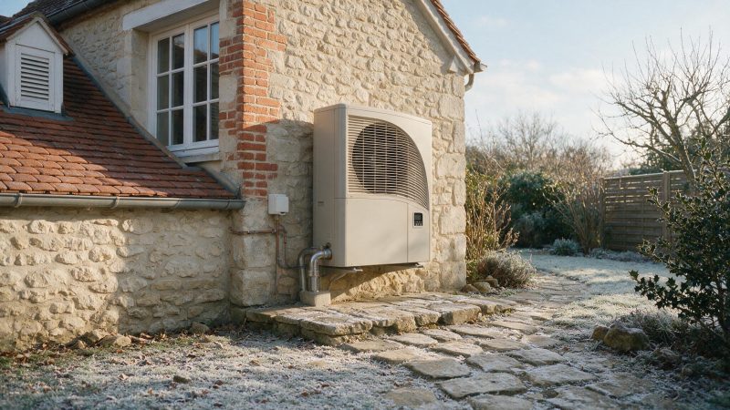 Unité extérieure de pompe à chaleur air/eau contre un mur de maison
